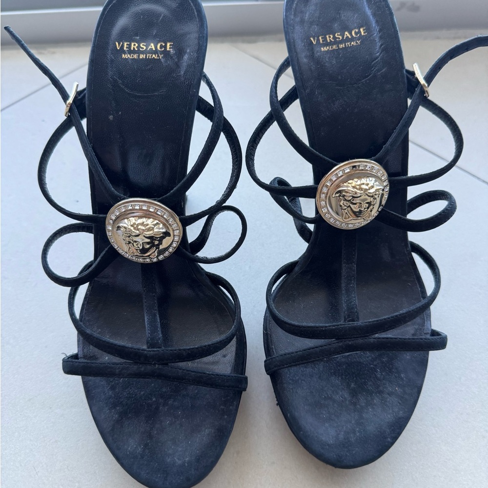 Versace Black Strappy Heels with Gold Medallion